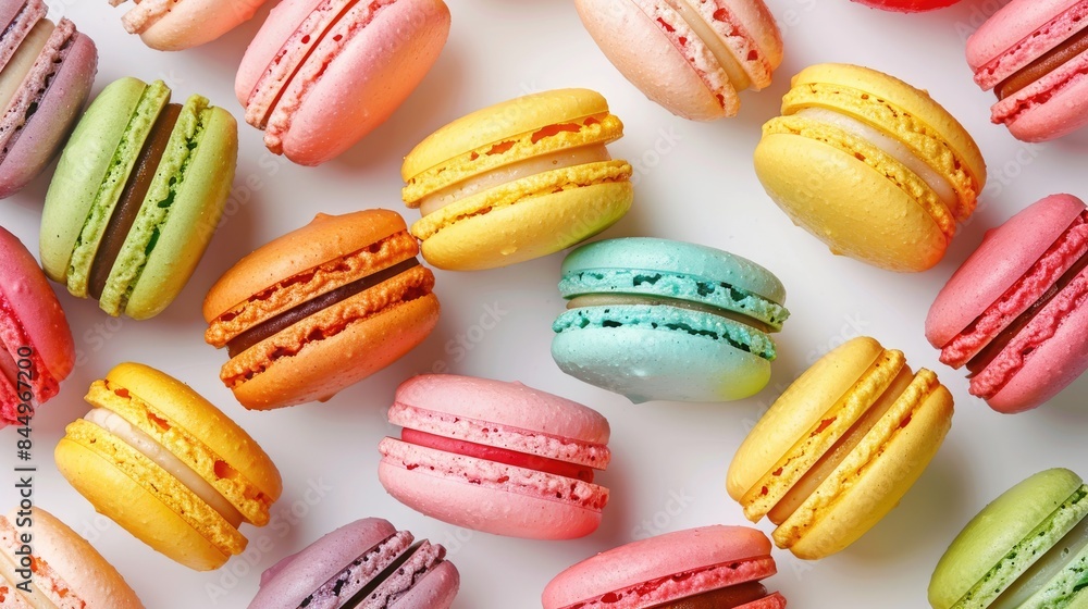 Vibrant French Macarons in Colorful Shades against a White Background Vibrant French Macarons in Colorful Shades against a White Background