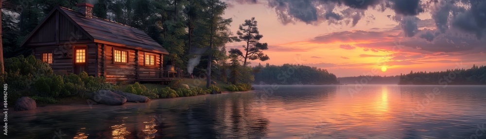 The photo shows a beautiful lakeside cabin at sunset The photo shows a beautiful lakeside cabin at sunset