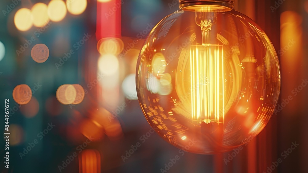 Close up view of a glowing retro filament lamp with warm colors and soft focus Close up view of a glowing retro filament lamp with warm colors and soft focus