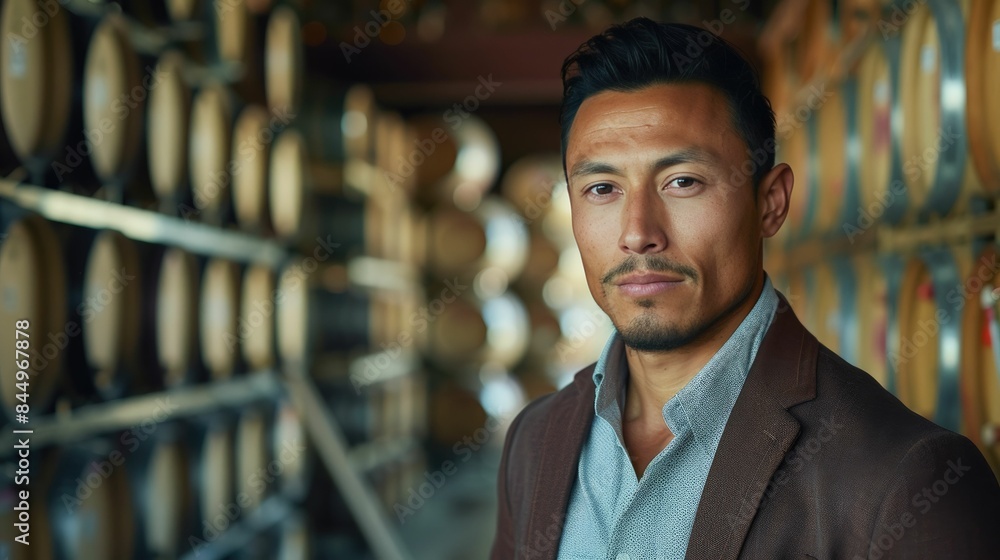 Confident man in business casual attire standing in a winery cellar with wooden barrels in the background Confident man in business casual attire standing in a winery cellar with wooden barrels in the background