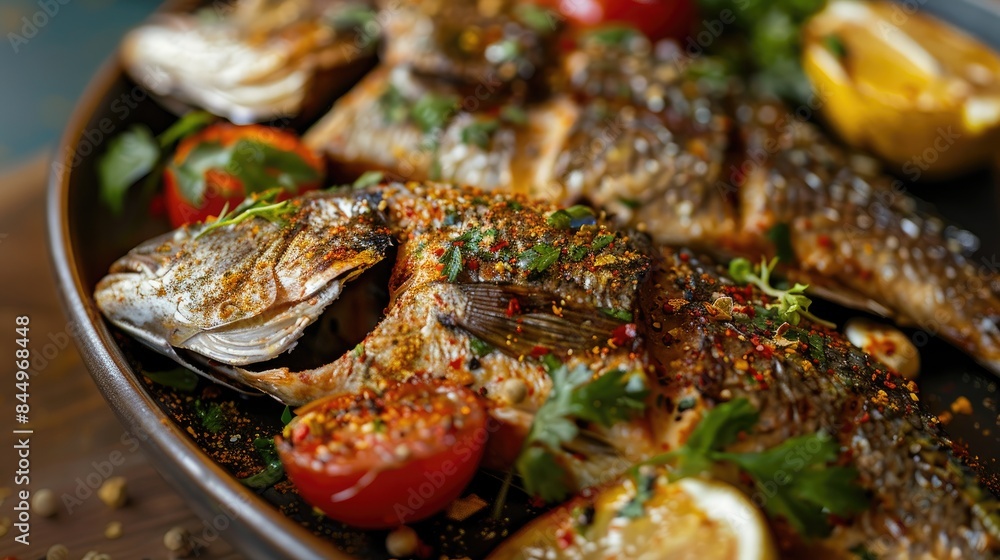 Enhancing fresh fish fillets with dry aromatic spices by the chef Traditional fish dish created at home with a special recipe Enhancing fresh fish fillets with dry aromatic spices by the chef Traditional fish dish created at home with a special recipe