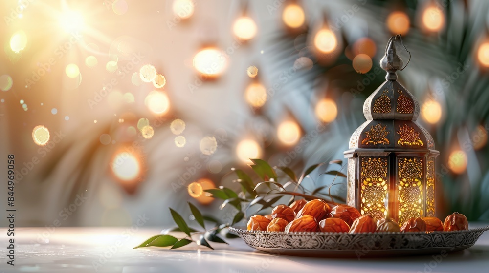 Ramadan Kareem greeting card, invitation. Plate with dates fruit, burning silver Moroccan, Arabic lantern and green branch Ramadan Kareem greeting card, invitation. Plate with dates fruit, burning silver Moroccan, Arabic lantern and green branch