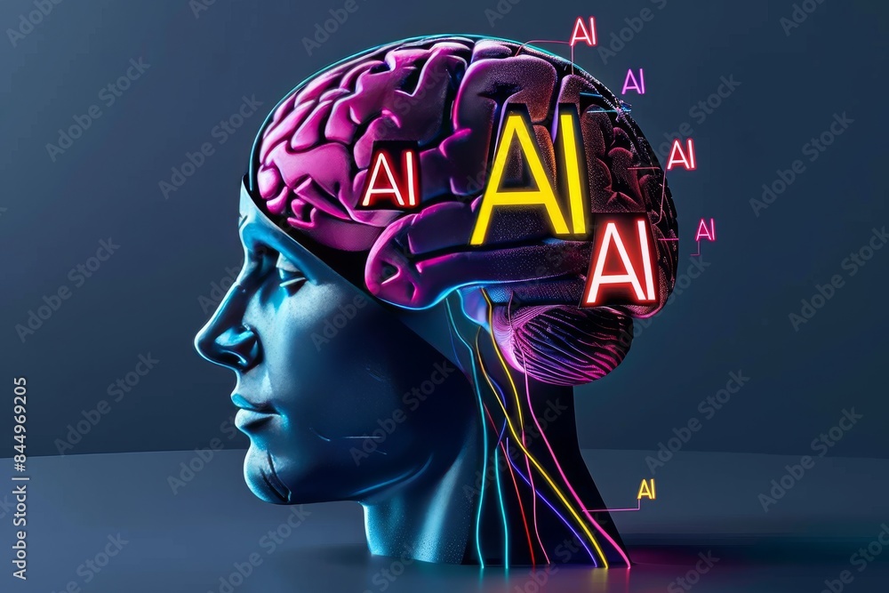 Obraz premium AI brain illustration with neon colors, showcasing advanced technology, artificial intelligence, and creativity in a vibrant, futuristic setting