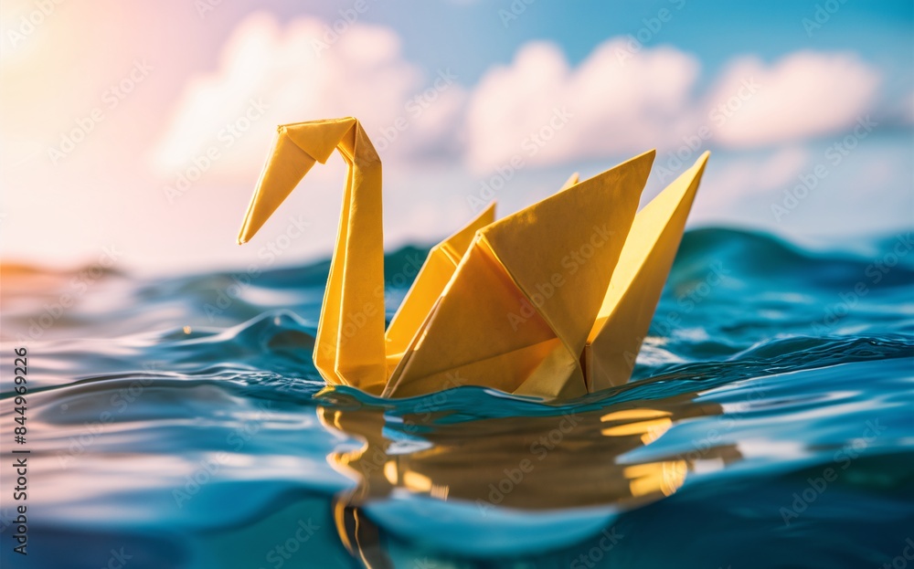 Fototapeta premium Close up of an yellow origami paper swan floating in the blue ocean water, with a background of a cloudy sunny sky.