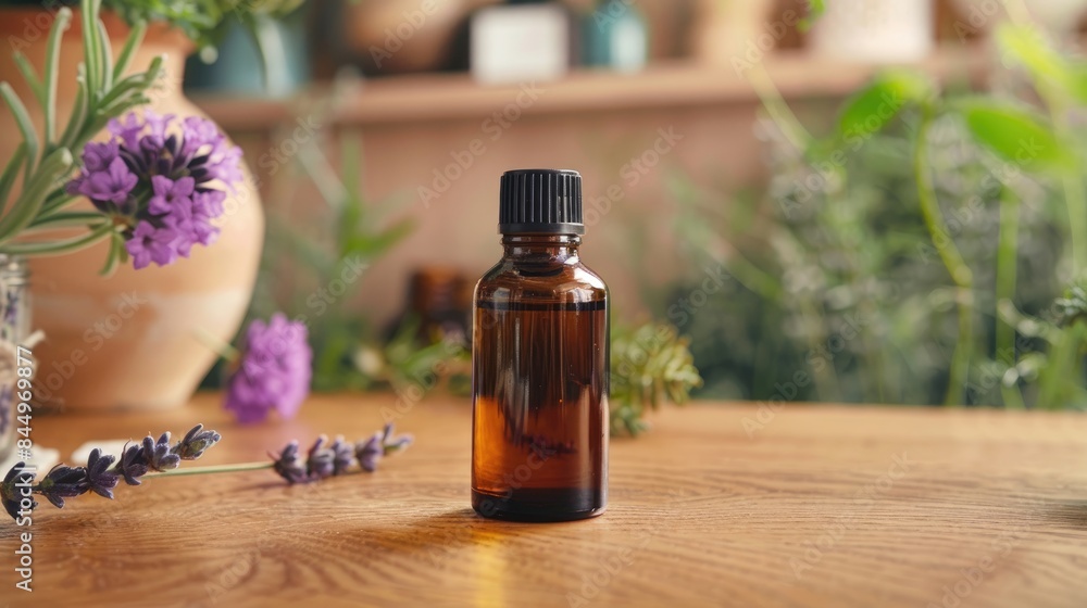 Lavender essential oil bottle with flowers on table Lavender essential oil bottle with flowers on table
