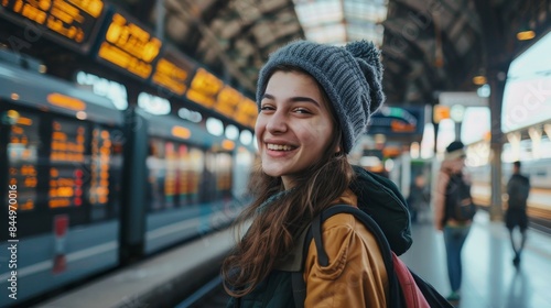 Girl woman on train station public transport wallpaper background  © Irina