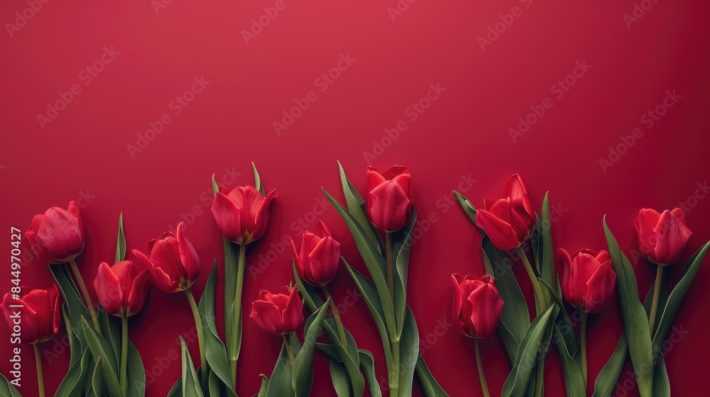 Red tulips on red backdrop with space for writing Bird s eye view Red tulips on red backdrop with space for writing Bird s eye view