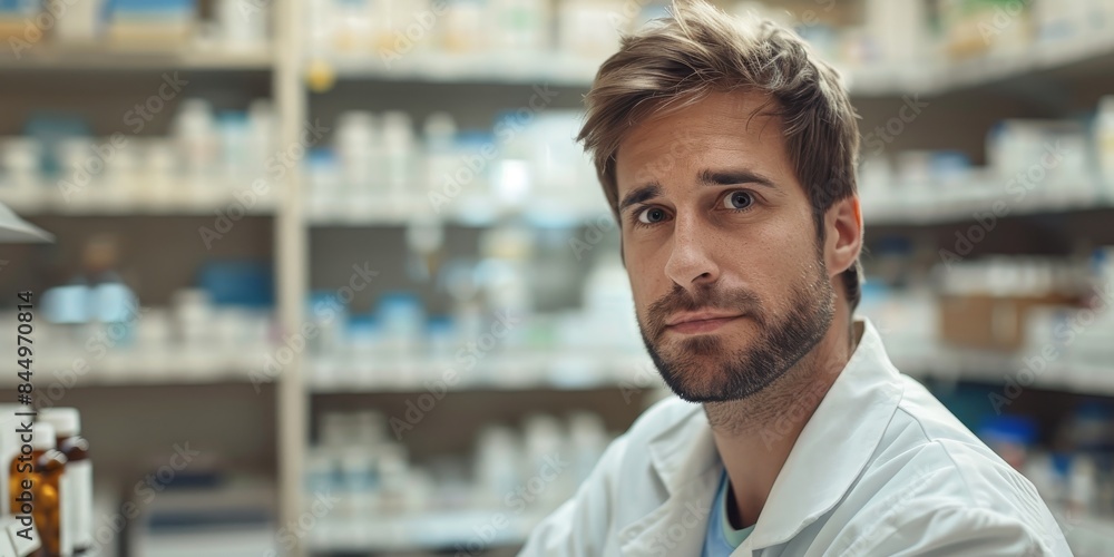 Man pharmacist on pharmacy interior banner wallpaper background
Man pharmacist on pharmacy interior banner wallpaper background