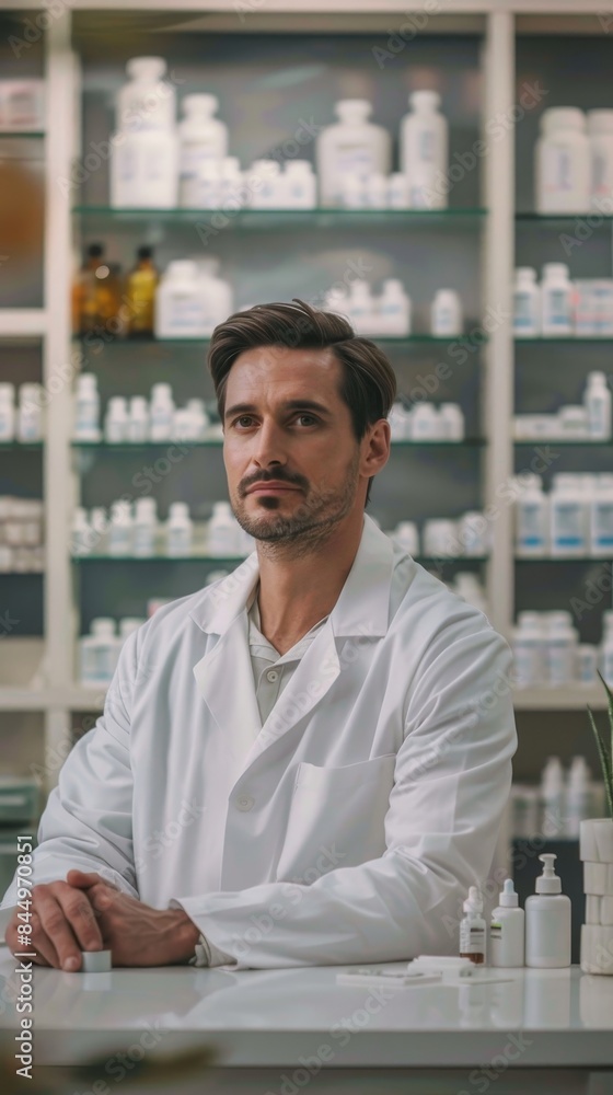 Fototapeta premium Man pharmacist on pharmacy interior banner wallpaper background 