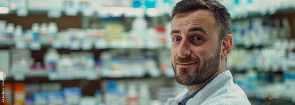 Man pharmacist on pharmacy interior banner wallpaper background
Man pharmacist on pharmacy interior banner wallpaper background