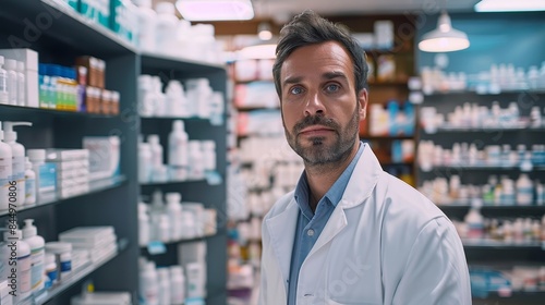 Man pharmacist on pharmacy interior banner wallpaper background 