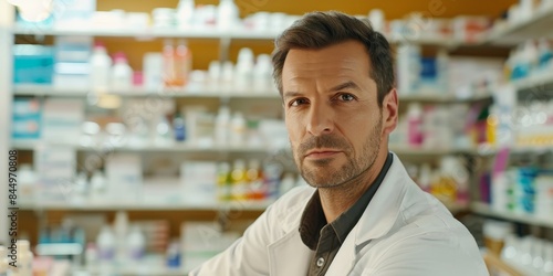 Man pharmacist on pharmacy interior banner wallpaper background 