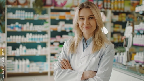 Woman pharmacist on pharmacy interior banner wallpaper background