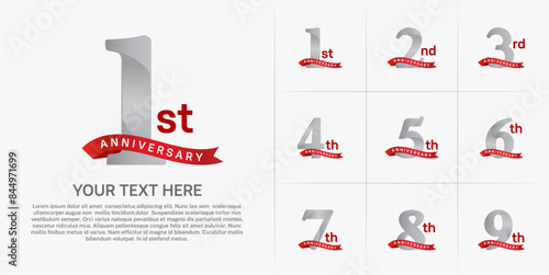 anniversary logotype set vector, silver color and red ribbon for special day celebration