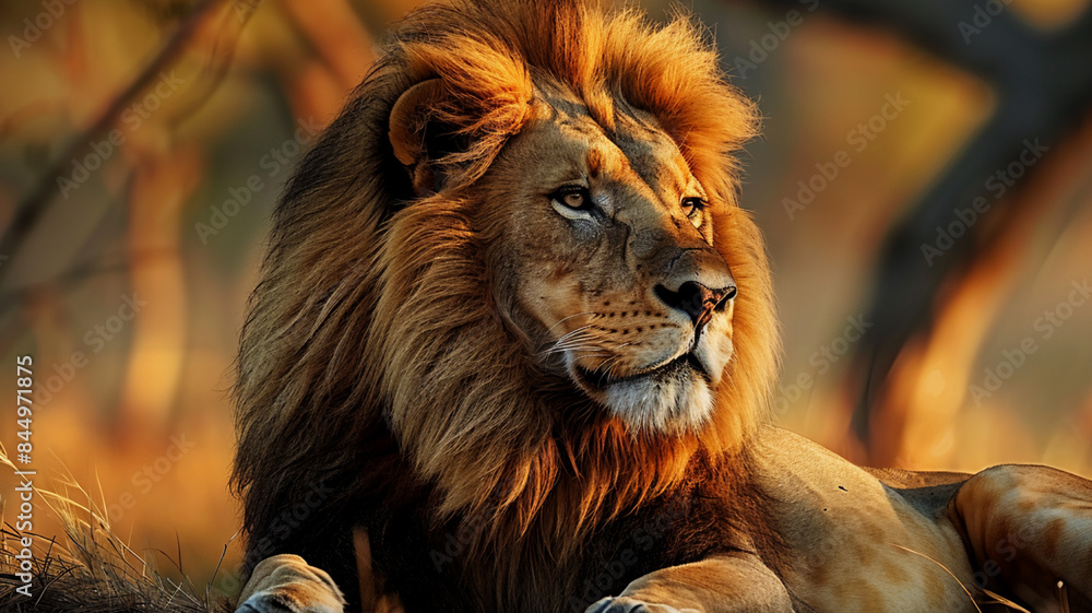 Fototapeta premium Majestic lion resting in the African wilderness, AI Generative.