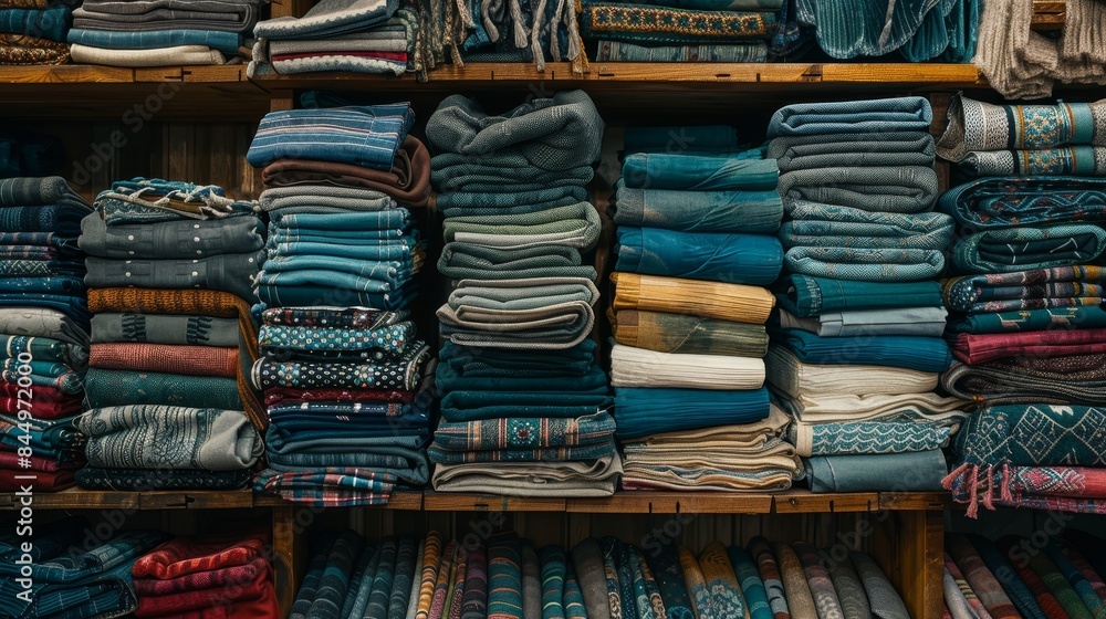 Fabric cloth on stacks on shelf wallpaper background Fabric cloth on stacks on shelf wallpaper background