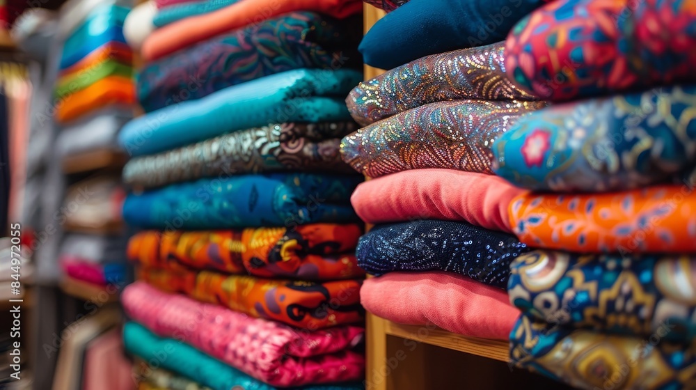 Fabric cloth on stacks on shelf wallpaper background Fabric cloth on stacks on shelf wallpaper background