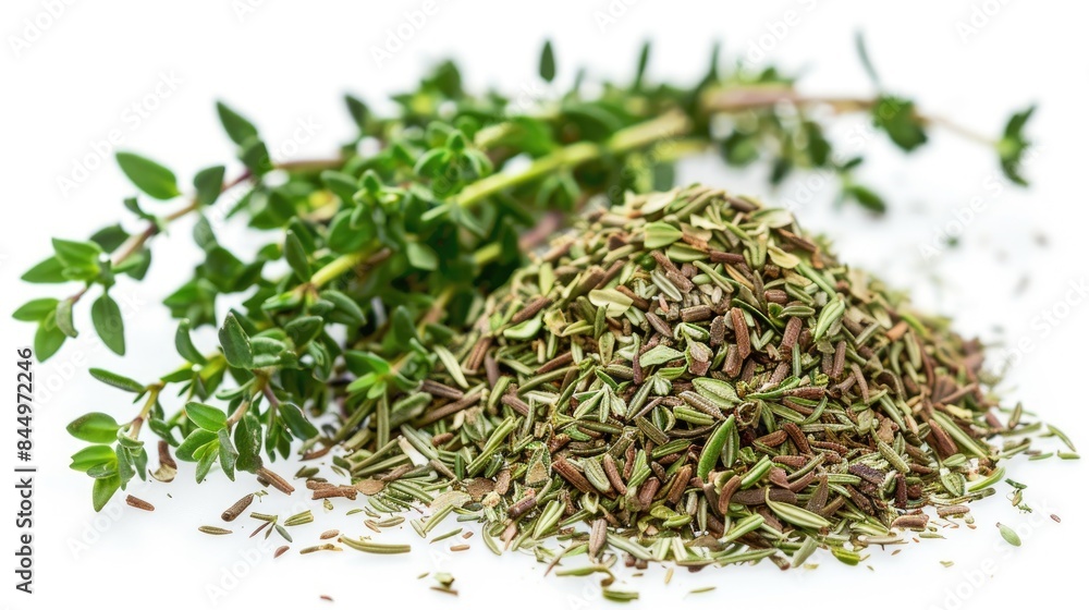 Close up of green thyme and dried thyme leaves isolated on a white background Close up of green thyme and dried thyme leaves isolated on a white background