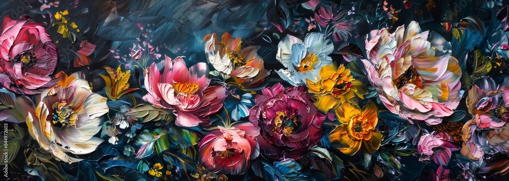 Oil painting flowers art on canvas horizontal banner wallpaper background Oil painting flowers art on canvas horizontal banner wallpaper background