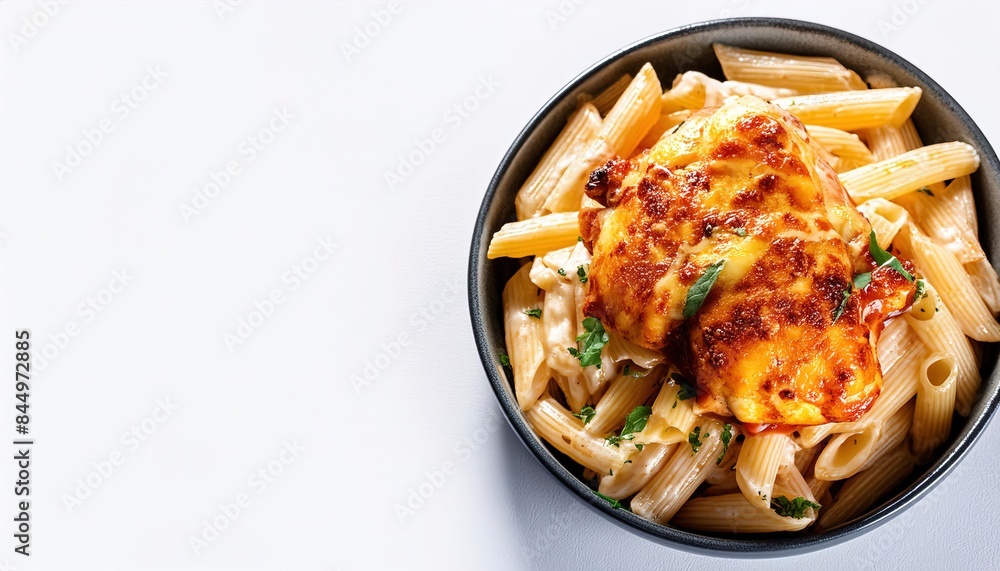 chicken Parm Parmesan often served with spaghetti noodles, linguine and fettuccine to rigatoni and farfalle pasta in restaurants with red tomato sauce, cheese, and basil. isolated on white background chicken Parm Parmesan often served with spaghetti noodles, linguine and fettuccine to rigatoni and farfalle pasta in restaurants with red tomato sauce, cheese, and basil. isolated on white background