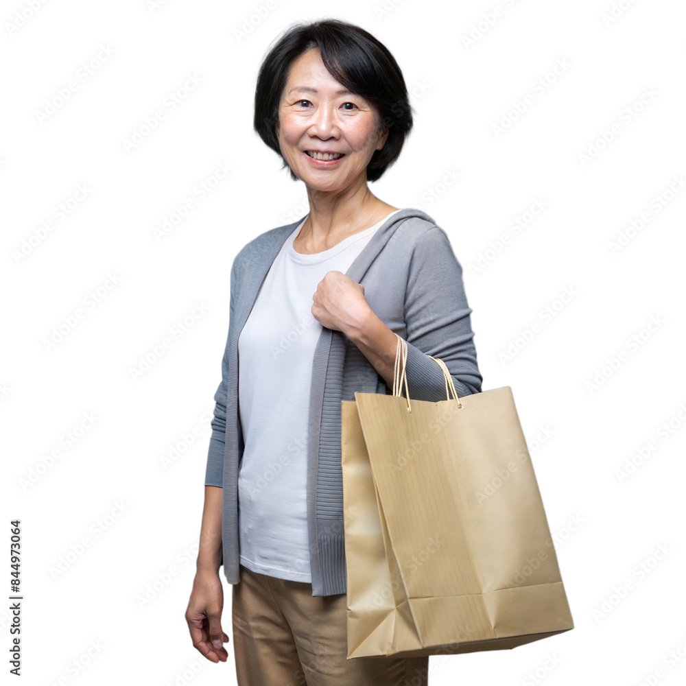 Happy elderly woman holding shopping bags on transparent background Happy elderly woman holding shopping bags on transparent background
