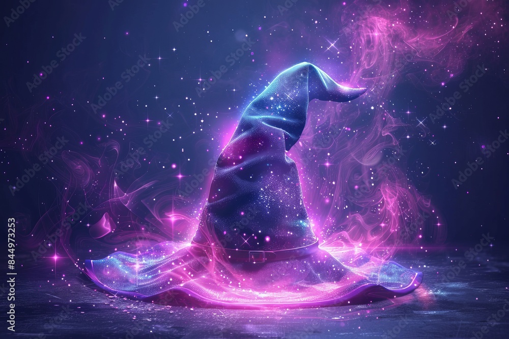 Naklejka premium Magical wizard hat glowing with vibrant pink and purple lights, evoking a sense of fantasy and enchantment in a mystical ambiance.