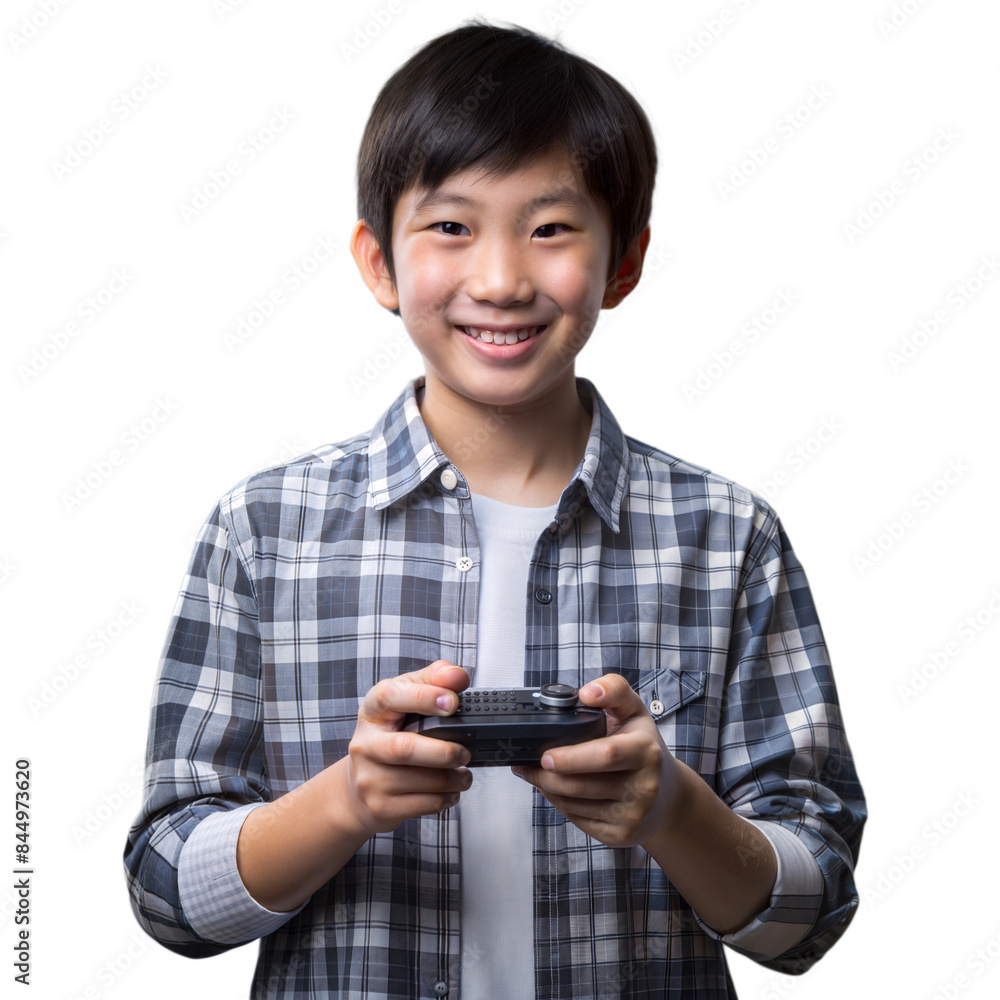Smiling young boy playing video game on a transparent background Smiling young boy playing video game on a transparent background
