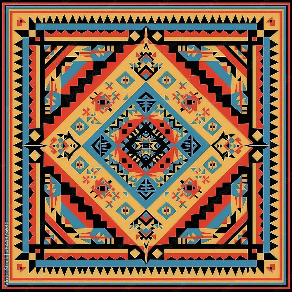 print design in the style of ethnic carpet patterns, Aztec art and African textile designs. Red blue yellow orange print design in the style of ethnic carpet patterns, Aztec art and African textile designs. Red blue yellow orange