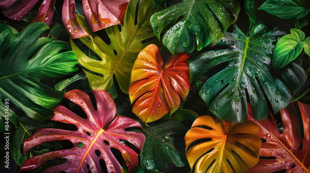 Obraz premium Neon vivid summer jungle leaves banner wallpaper background 