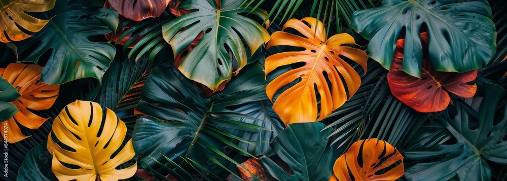 Fototapeta premium Neon vivid summer jungle leaves banner wallpaper background 