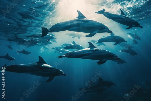 magnificent school of dolphins swimming in formation graceful synchronized movement underwater photography