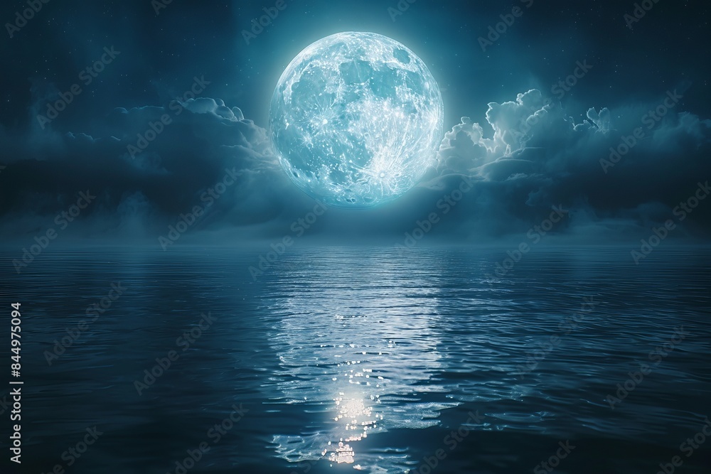 Fototapeta premium Stunning moon reflection over calm ocean waters, surrounded by dramatic, cloudy night sky creating a serene and mystical atmosphere.