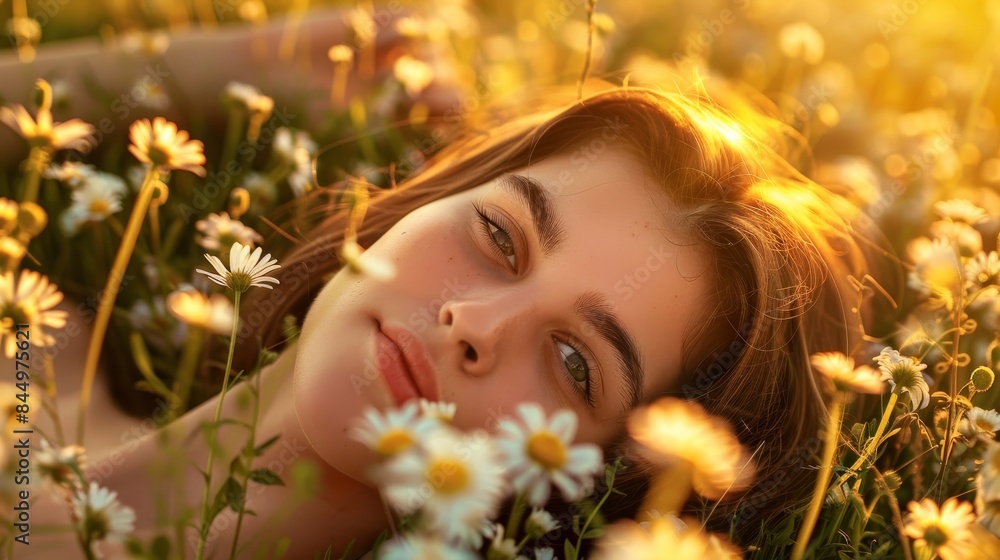 Woman girl laying on field between flowers banner wallpaper background
Woman girl laying on field between flowers banner wallpaper background