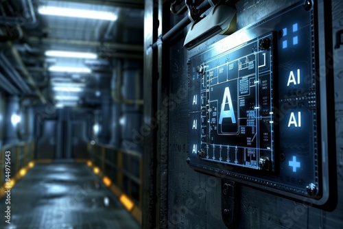 High tech AI corridor with neon lights, showcasing advanced technology and digital innovation in a futuristic setting