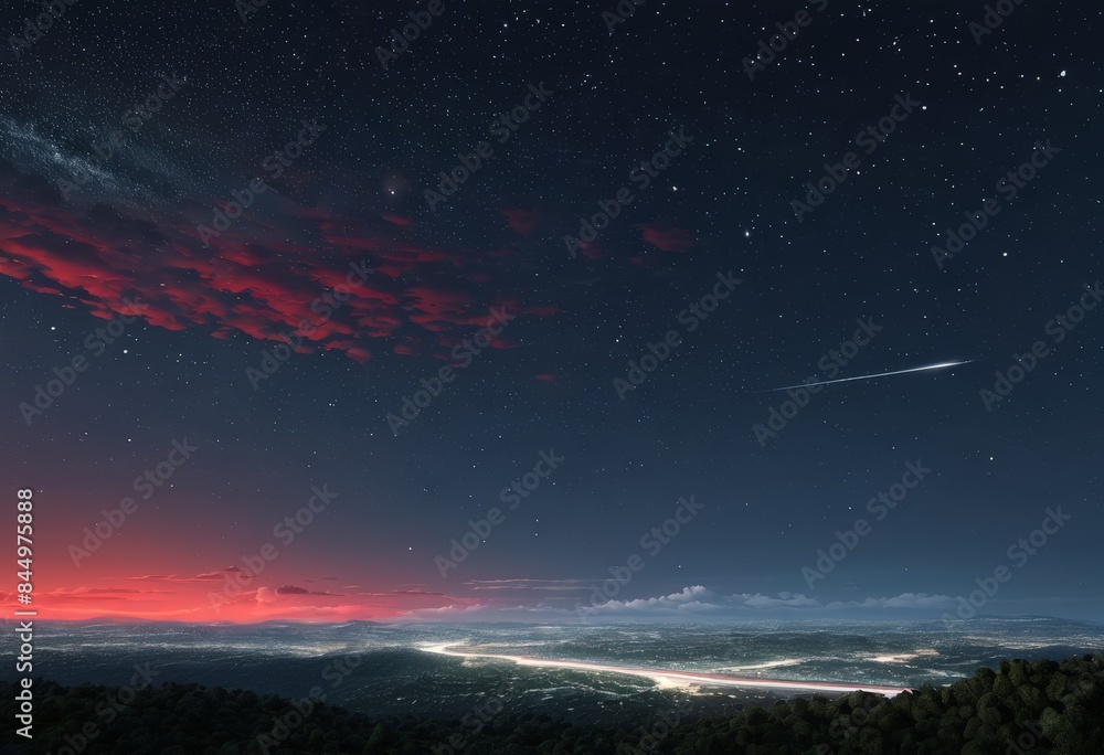 Futuristic starry sky with red light glow 