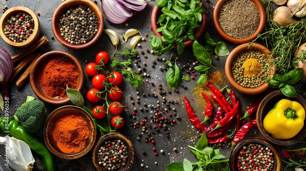 A variety of spices and fresh vegetables, including tomatoes, peppers, onions, and herbs, are laid out on a kitchen table. Generative AI A variety of spices and fresh vegetables, including tomatoes, peppers, onions, and herbs, are laid out on a kitchen table. Generative AI