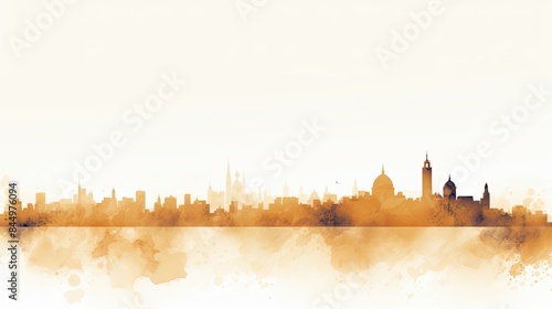 Watercolor panorama of a city in pastel color, white background. Silhouette of buildings watercolor photo