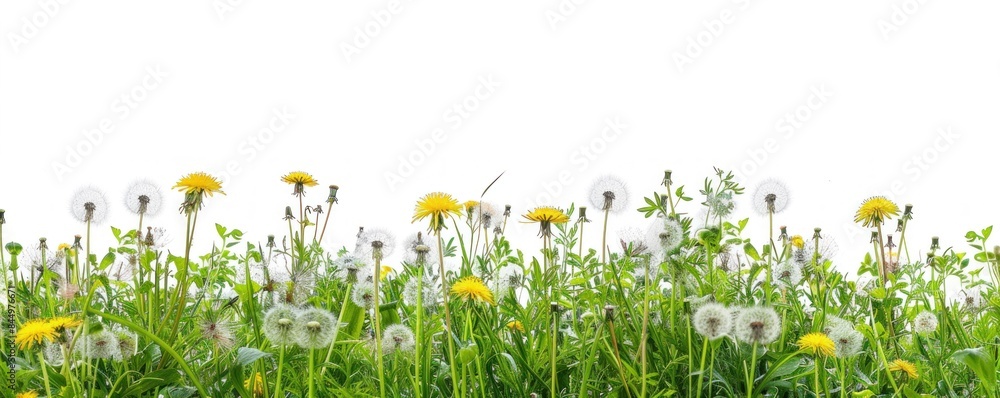 Fototapeta premium Seamless green meadow border with dandelions, isolated on white background