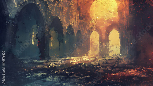abstract art of empty Ruins of an old Christian church ,illustration painting    © Sajawal