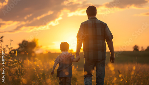 A father with a young son in a field of sunflowers during the golden hour. Dad and son are active in nature. The family walks through A mature father standing and holding a toddler son, having fun. 