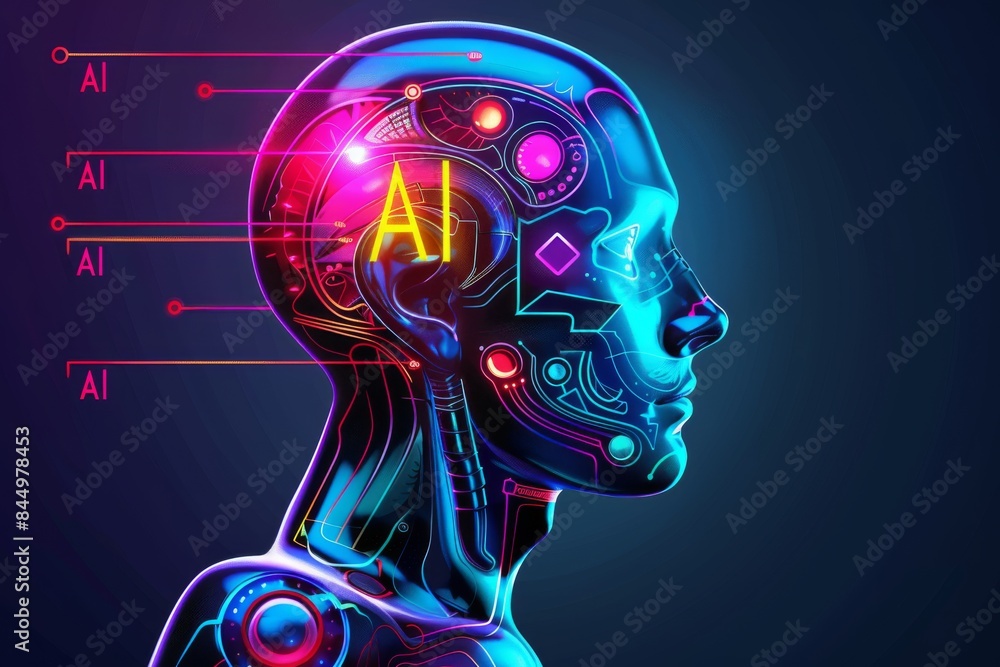 Futuristic AI brain with neon circuits, showcasing advanced technology and artificial intelligence in a vibrant, high tech setting Futuristic AI brain with neon circuits, showcasing advanced technology and artificial intelligence in a vibrant, high tech setting