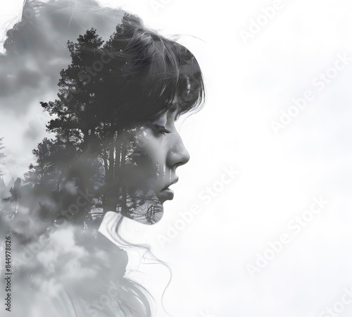Woman's profile from side, Single color (monochrome) photo with double exposure effect of sad woman looking down, Banner empty space for text