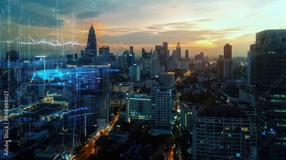 Fototapeta premium Glowing technological process hologram, aerial panoramic city view buildings at sunset