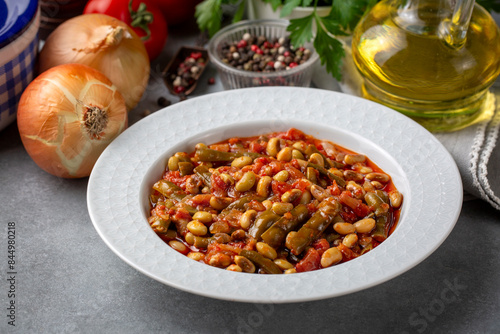 Traditional delicious Turkish food; fresh green black eyed peas food (Turkish name; Zeytinyagli yesil taze borulce or acebek) photo