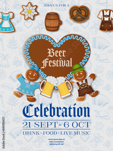 oktoberfest background with gingerbread cookies and doodles. german beer festival poster with sweets