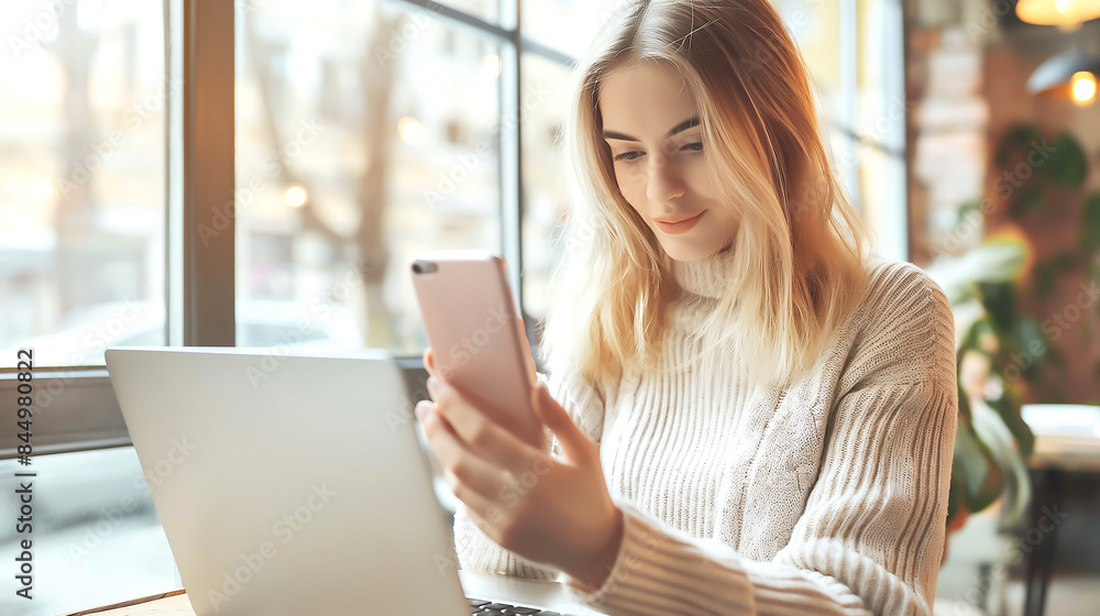 Close up of a young woman using a mobile phone and laptop, working online on her mobile phone doing digital marketing work for a web design agency Close up of a young woman using a mobile phone and laptop, working online on her mobile phone doing digital marketing work for a web design agency