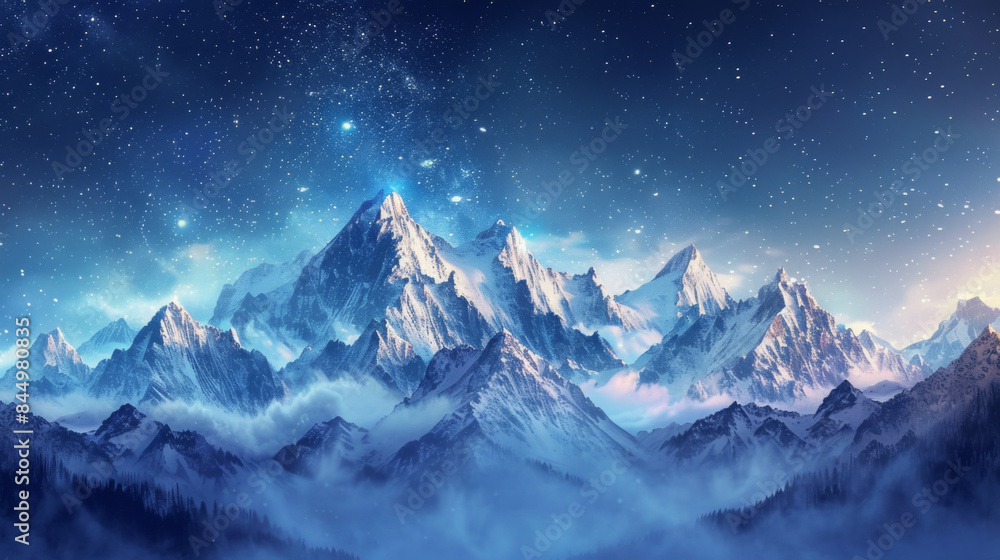 A breathtaking view of a majestic mountain range under a starry night sky, blending natural beauty and celestial wonder. A breathtaking view of a majestic mountain range under a starry night sky, blending natural beauty and celestial wonder.