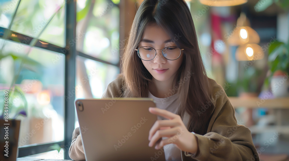 Close up of a young woman using a mobile phone and laptop, working online on her mobile phone doing digital marketing work for a web design agency Close up of a young woman using a mobile phone and laptop, working online on her mobile phone doing digital marketing work for a web design agency