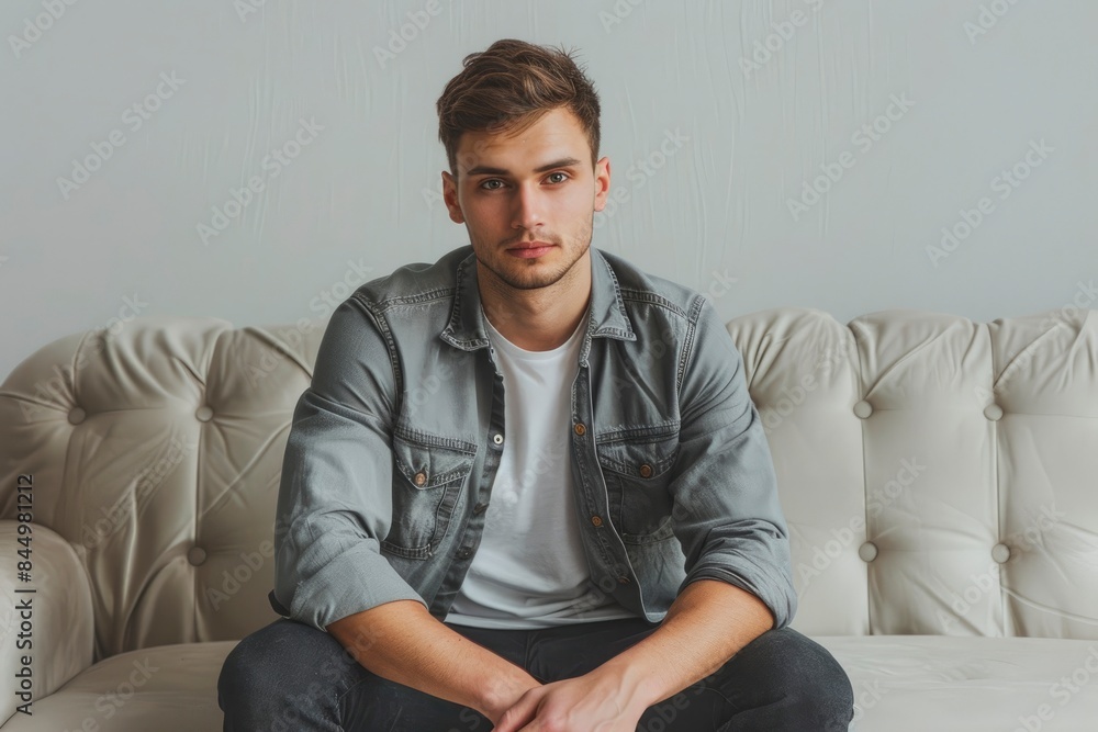 Handsome young man sitting on sofa on light background - generative ai Handsome young man sitting on sofa on light background - generative ai