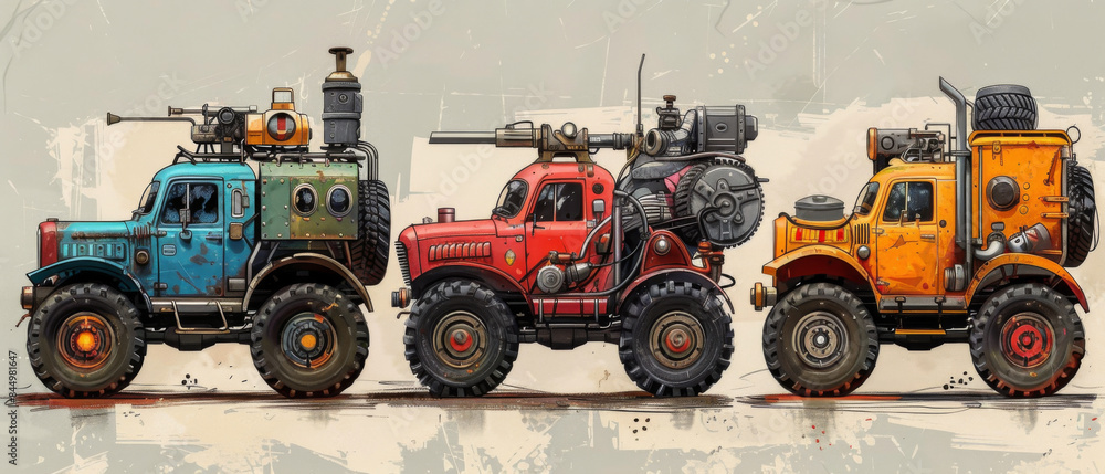 Three vividly colored steampunk trucks lined up, showcasing intricate designs and mechanical details in a whimsical, industrial style. Three vividly colored steampunk trucks lined up, showcasing intricate designs and mechanical details in a whimsical, industrial style.